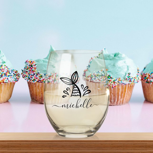 Cute Mermaid Custom Name Kids Gift Stemless Wine Glass (Creator Uploaded)