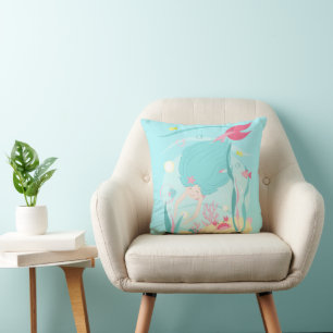 Cute Mermaid Diving Under the Sea Throw Pillow
