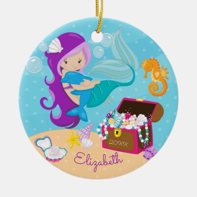 Cute Mermaid & Dolphin Christmas Ornament (Front)