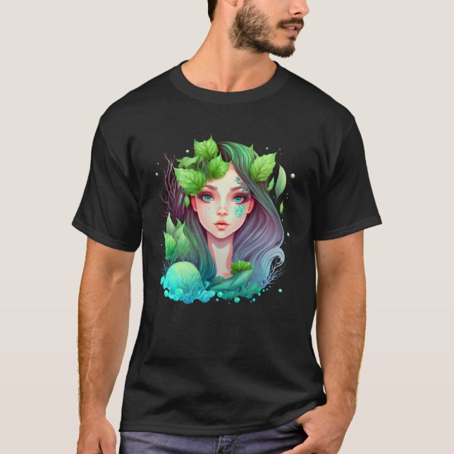 Cute mermaid fairy seaweed plants water sea fantas T-Shirt (Front)
