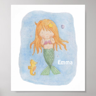 Cute Mermaid Girl and Seahorse Print Poster