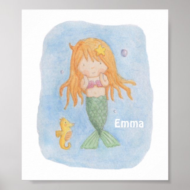 Cute Mermaid Girl and Seahorse Print Poster (Front)