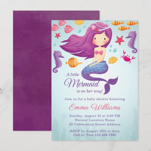 Cute Mermaid Girl Baby Shower Invitation - Purple (Front/Back)