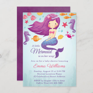 Cute Mermaid Girl Baby Shower Invitation - Purple