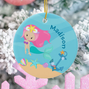 Cute Mermaid Girl Beach Birthday Party Custom Ceramic Ornament