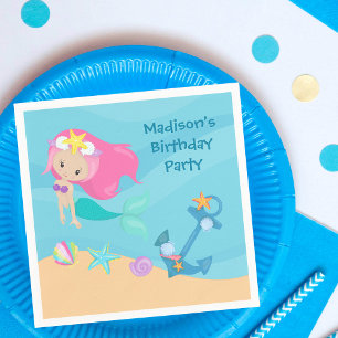 Cute Mermaid Girl Beach Custom Kid Birthday Party Napkin