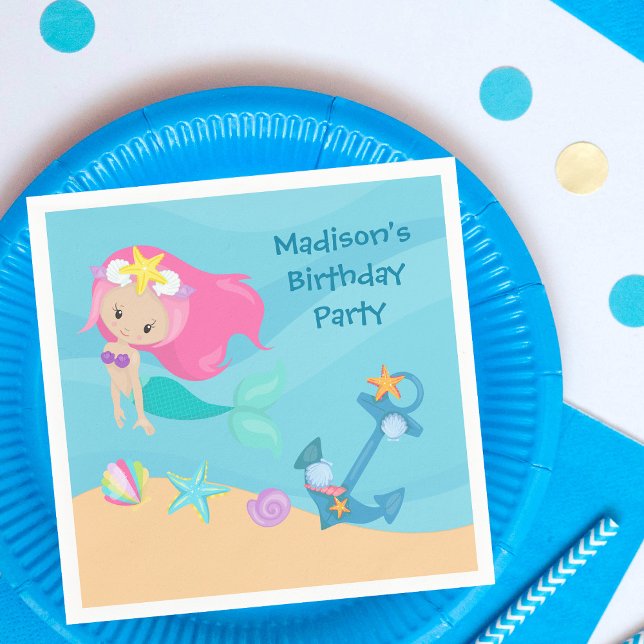 Cute Mermaid Girl Beach Custom Kid Birthday Party Napkin (Creator Uploaded)