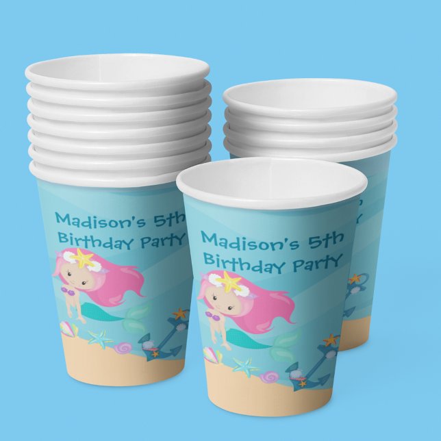 Cute Mermaid Girl Beach Custom Kid Birthday Party Paper Cups (Creator Uploaded)