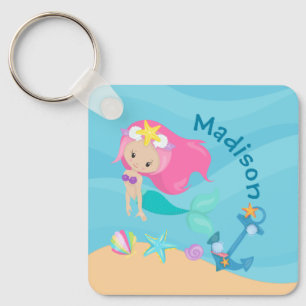 Cute Mermaid Girl Beach Custom Kids Key Ring