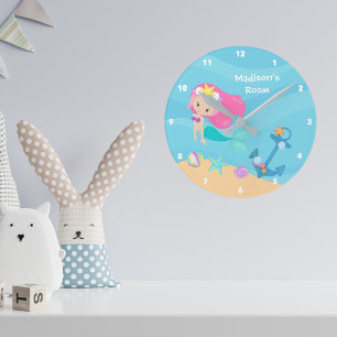 Cute Mermaid Girl Beach House Personalised Kids Round Clock