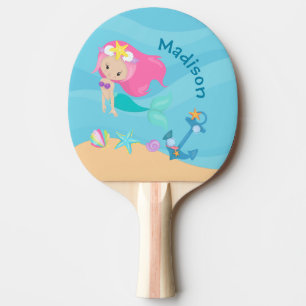 Cute Mermaid Girl Beach Personalised Kids Summer Ping Pong Paddle