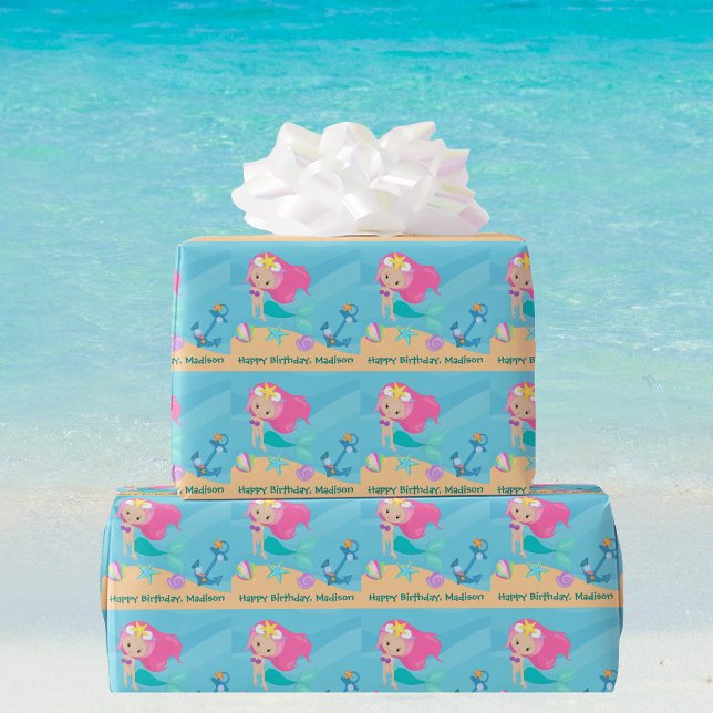Cute Mermaid Girl Birthday Party Custom Beach Wrapping Paper (Creator Uploaded)