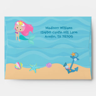 Cute Mermaid Girl Custom Kids Beach Birthday Party Envelope