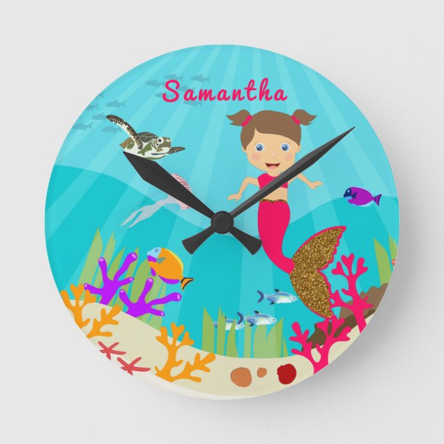 Cute Mermaid Girl in Colorful Ocean Nursery  Round Clock (Front)