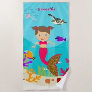 Cute Mermaid Girl in Colourful Ocean Beach Towel