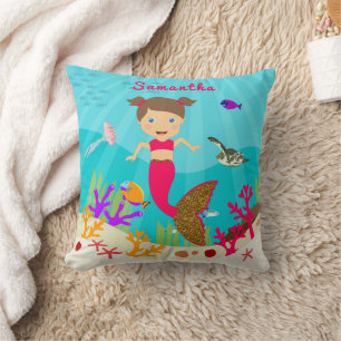 Cute Mermaid Girl in Colourful Ocean Cushion