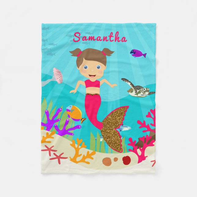Cute Mermaid Girl in Colourful Ocean Fleece Blanket (Front)