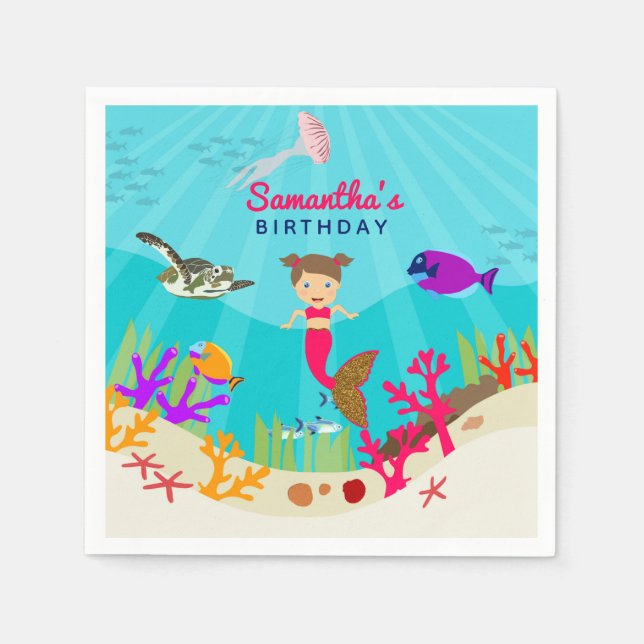 Cute Mermaid Girl in Colourful Ocean Girl Birthday Napkin (Front)