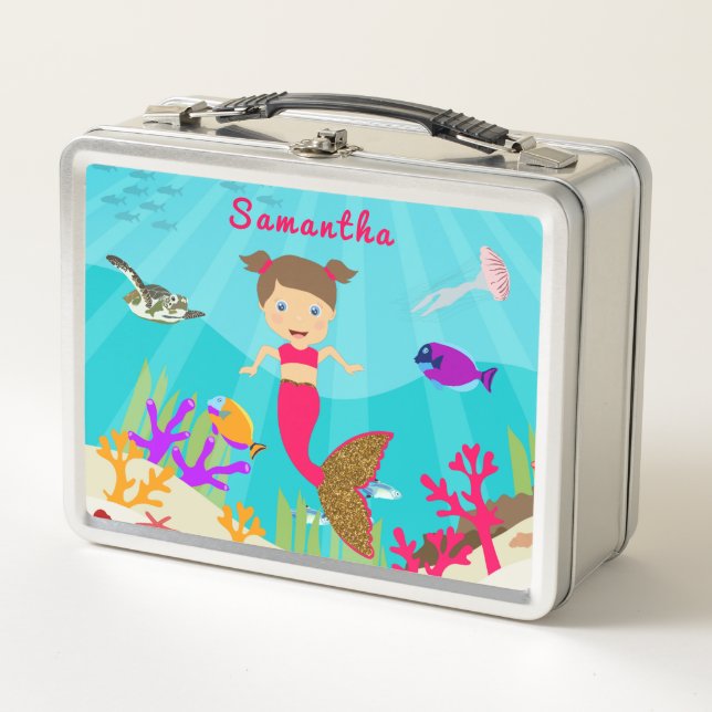 Cute Mermaid Girl in Colourful Ocean  Metal Lunch Box (Front)