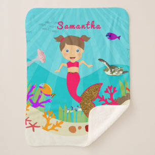 Cute Mermaid Girl in Colourful Ocean  Sherpa Blanket