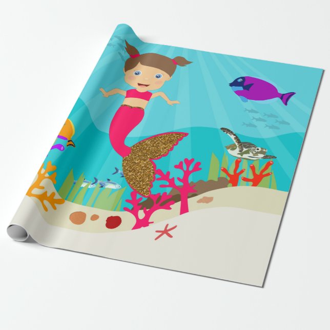 Cute Mermaid Girl in Colourful Ocean  Wrapping Paper (Unrolled)