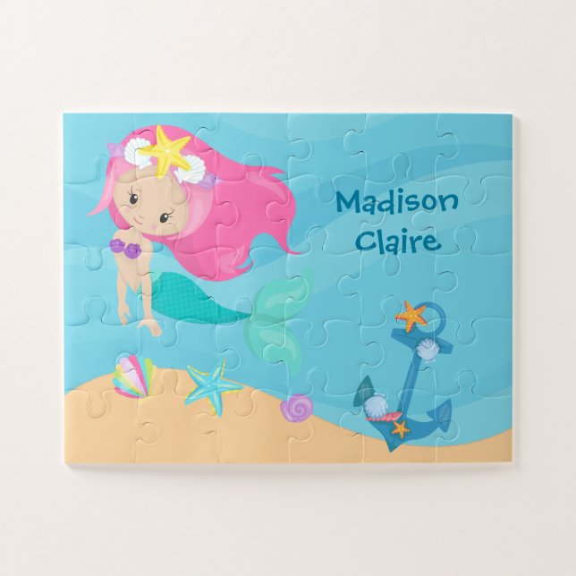Cute Mermaid Girl Ocean Seashells Kids Custom Jigsaw Puzzle (Horizontal)