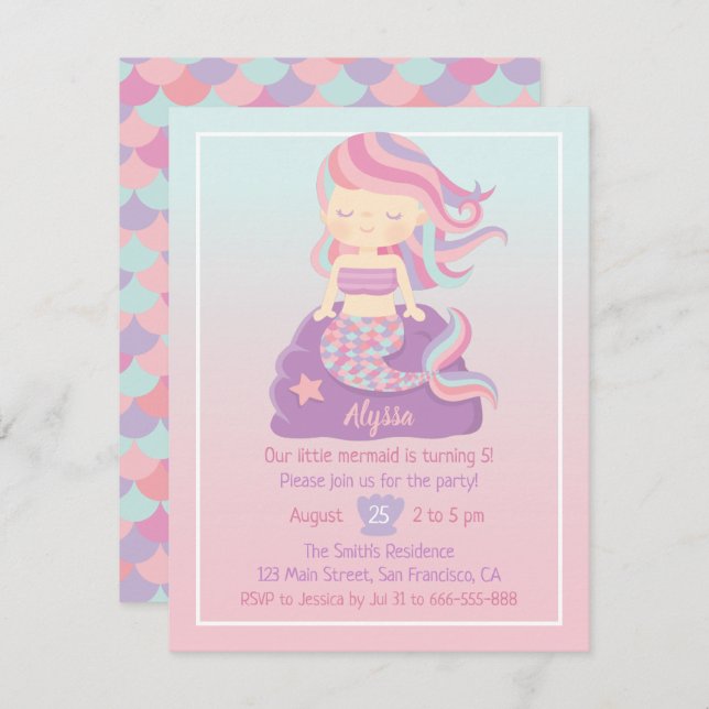 Cute Mermaid Girl Ombre Birthday Party Invitations (Front/Back)