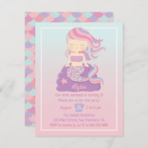 Cute Mermaid Girl Ombre Birthday Party Invitations