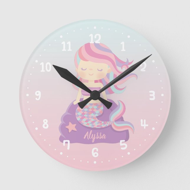 Cute Mermaid Girl Ombre Kids Room Decor Clock (Front)