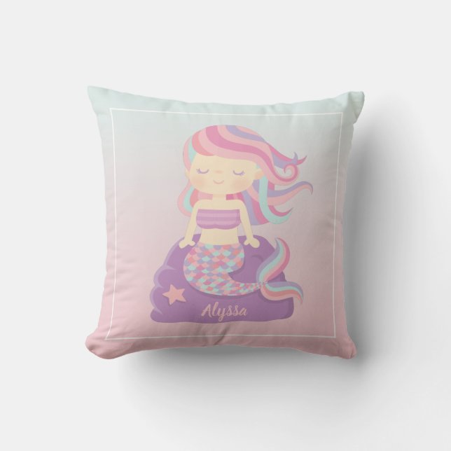 Cute Mermaid Girl Ombre Room Decor Throw Pillow (Front)