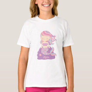 Cute Mermaid Girl on Purple Rock Name Tee