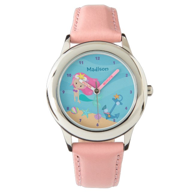 Cute Mermaid Girl Personalised Beach Kids Name Watch (Front)