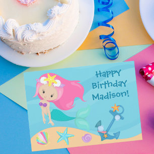 Cute Mermaid Girl Personalised Kids Happy Birthday Card