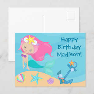 Cute Mermaid Girl Personalised Kids Happy Birthday Postcard