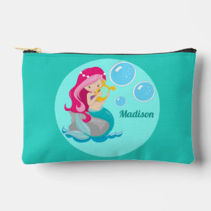 Cute Mermaid Girl Personalised Teal Kids Accessory Pouch