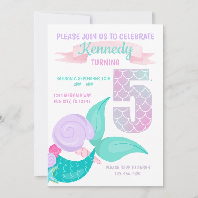 Cute Mermaid Girls 5th Birthday Party Invitation (Front)
