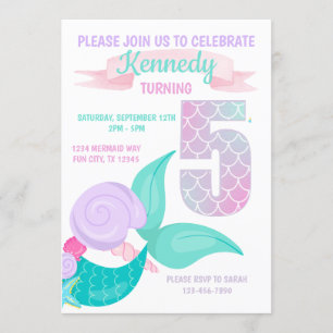 Cute Mermaid Girls 5th Birthday Party Invitation