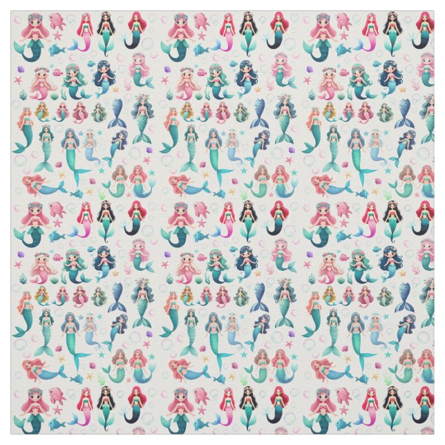 cute mermaid girls sealife fantasy fairytale art fabric (Swatch)