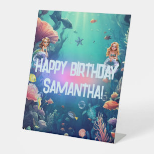 Cute Mermaid Kid Birthday Party Invitation Pedestal Sign