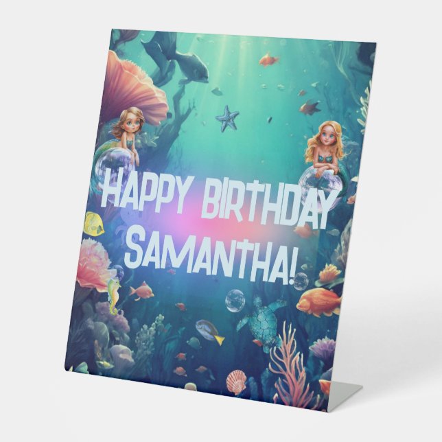 Cute Mermaid Kid Birthday Party Invitation Pedestal Sign (Front)