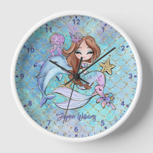 Cute Mermaid Light Brown Hair Custom Girl Bedroom Clock