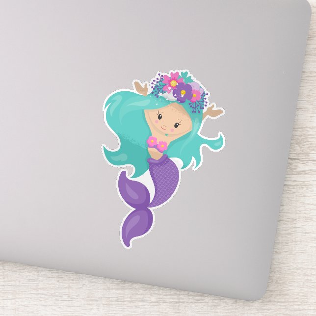 Cute Mermaid, Little Mermaid, Blue Hair, Flowers (Detail)