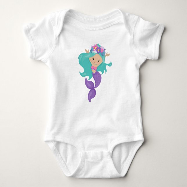 Cute Mermaid, Little Mermaid, Blue Hair, Flowers Baby Bodysuit (Front)