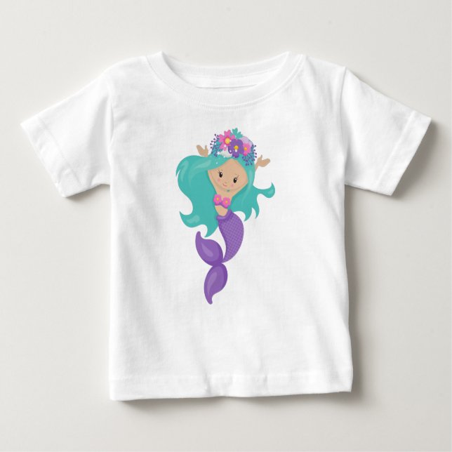 Cute Mermaid, Little Mermaid, Blue Hair, Flowers Baby T-Shirt (Front)