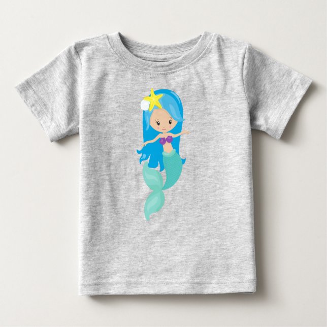 Cute Mermaid, Little Mermaid, Blue Hair, Starfish Baby T-Shirt (Front)