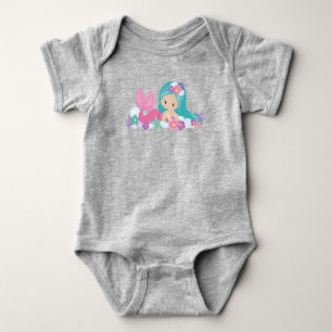 Cute Mermaid, Little Mermaid, Flowers, Blue Hair Baby Bodysuit