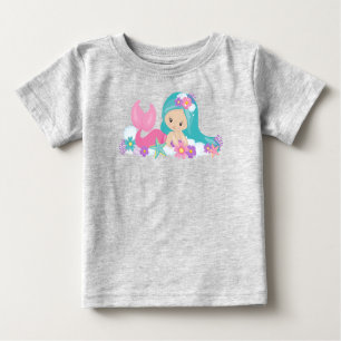 Cute Mermaid, Little Mermaid, Flowers, Blue Hair Baby T-Shirt