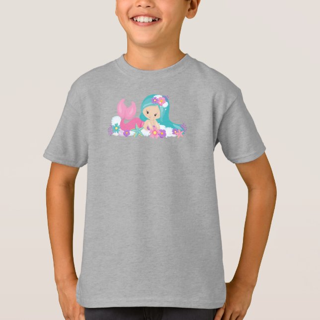 Cute Mermaid, Little Mermaid, Flowers, Blue Hair T-Shirt (Front)