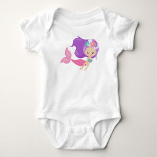 Cute Mermaid, Little Mermaid, Flowers, Purple Hair Baby Bodysuit