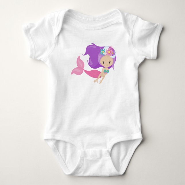 Cute Mermaid, Little Mermaid, Flowers, Purple Hair Baby Bodysuit (Front)